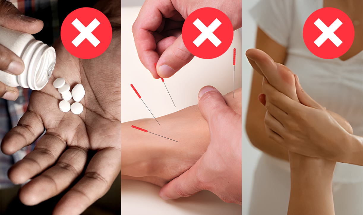 Illustration showing pills, acupuncture, massage not recommended