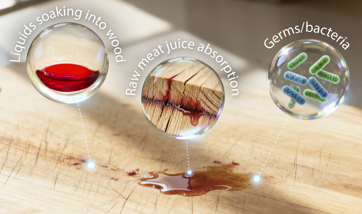 Illustration showing how liquids and germs can soak into a wooden cutting board