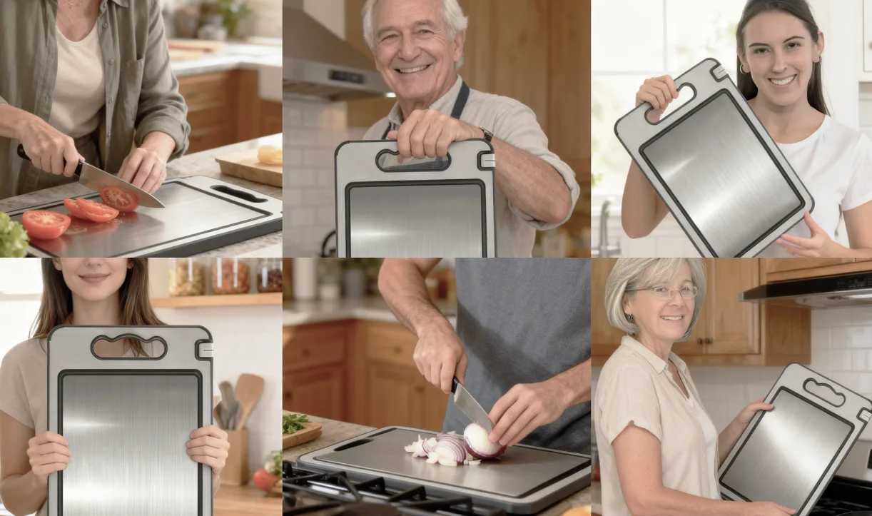 Collage of people using or holding a cutting board in a kitchen setting.