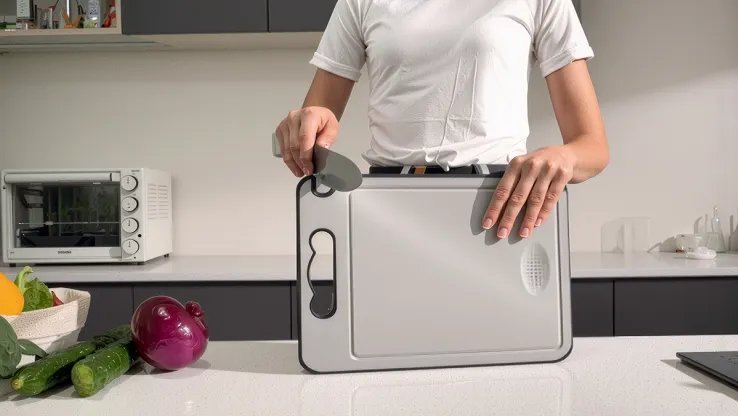 TIBO cutting board juice groove and sharpener detail