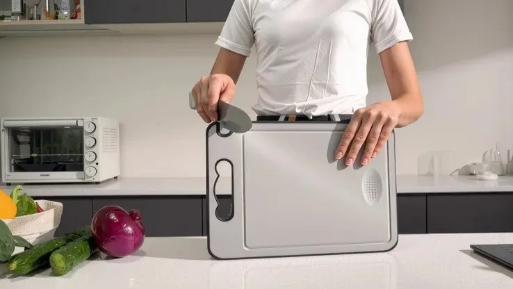 TIBO cutting board juice groove and sharpener detail