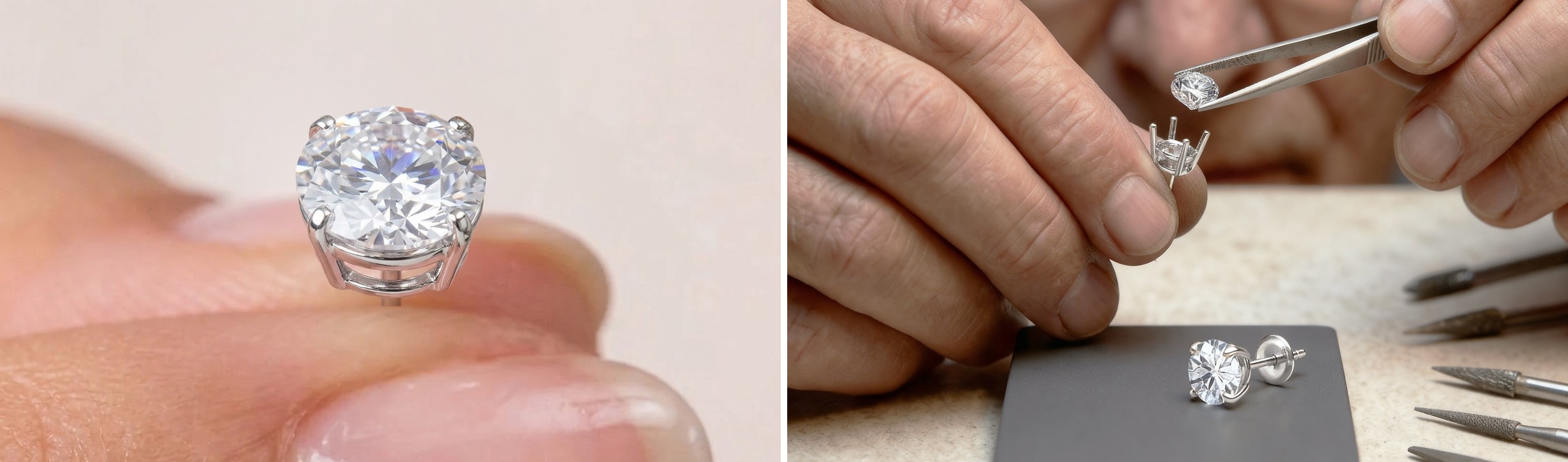 Close-up of hand holding a stud earring and hands setting a diamond into an earring