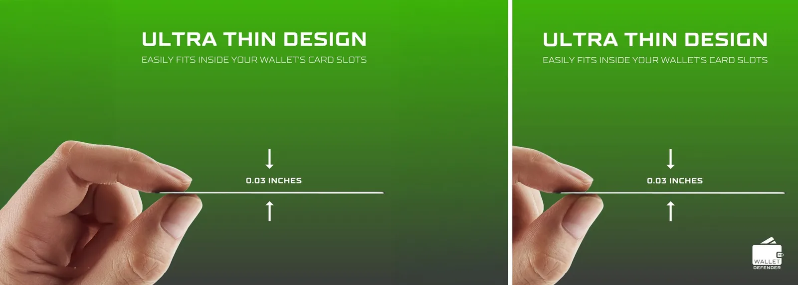 Two close-ups showing the Wallet Defender card's slim profile and thickness