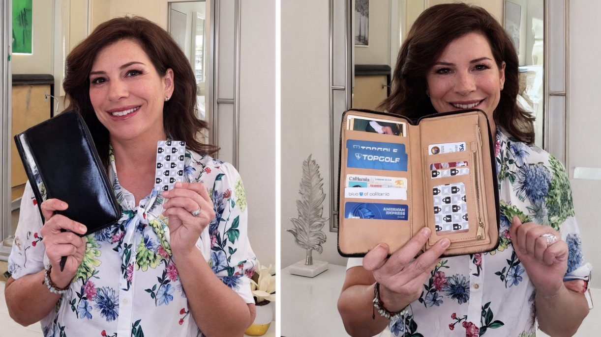 Woman showing the RFID-blocking card inside her wallet
