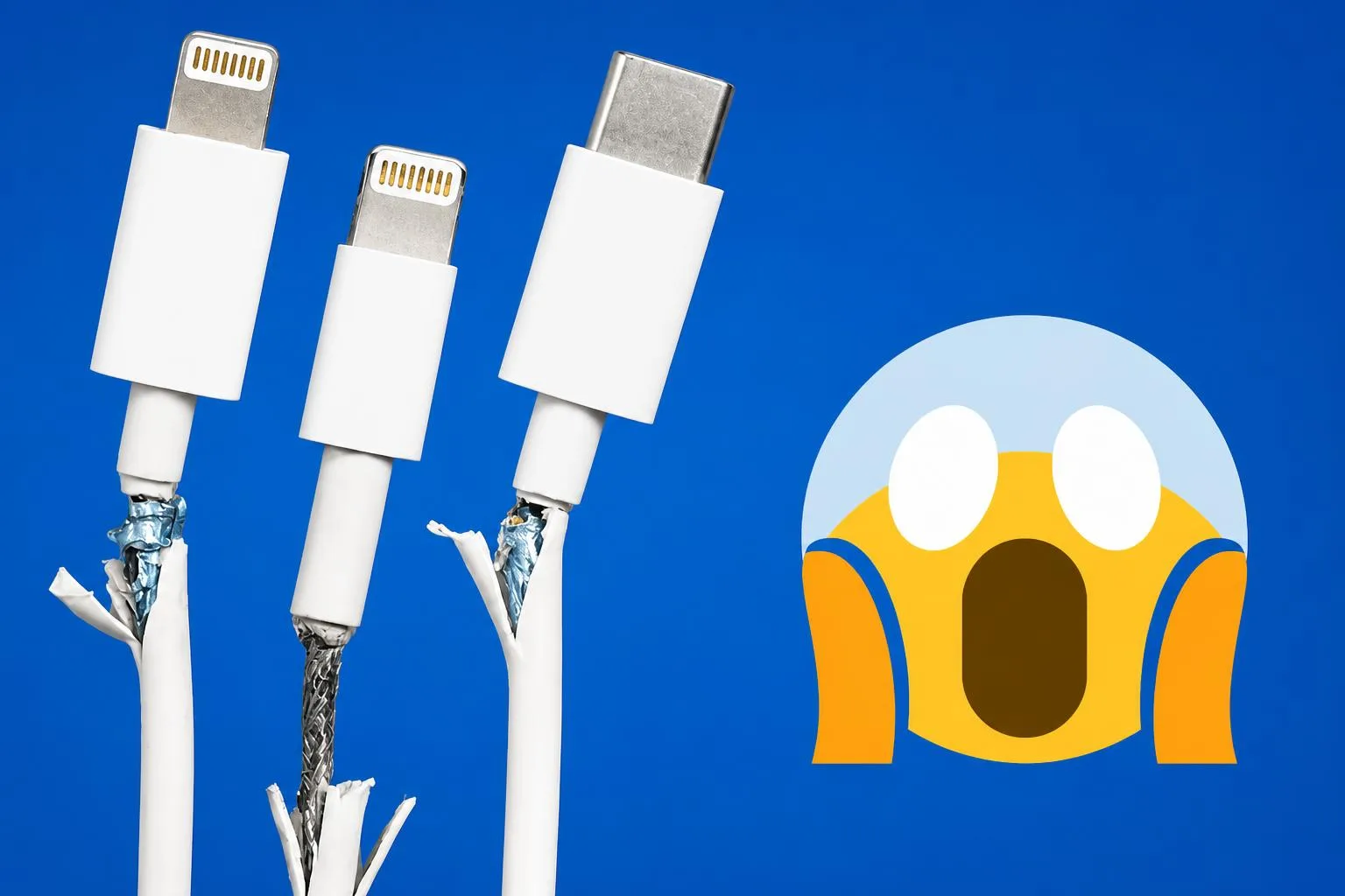 Three frayed charging cables next to a shocked face emoji
