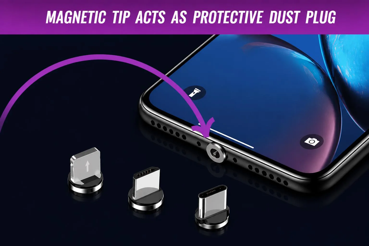 A magnetic tip resting in a phone's charging port, acting as a protective dust plug