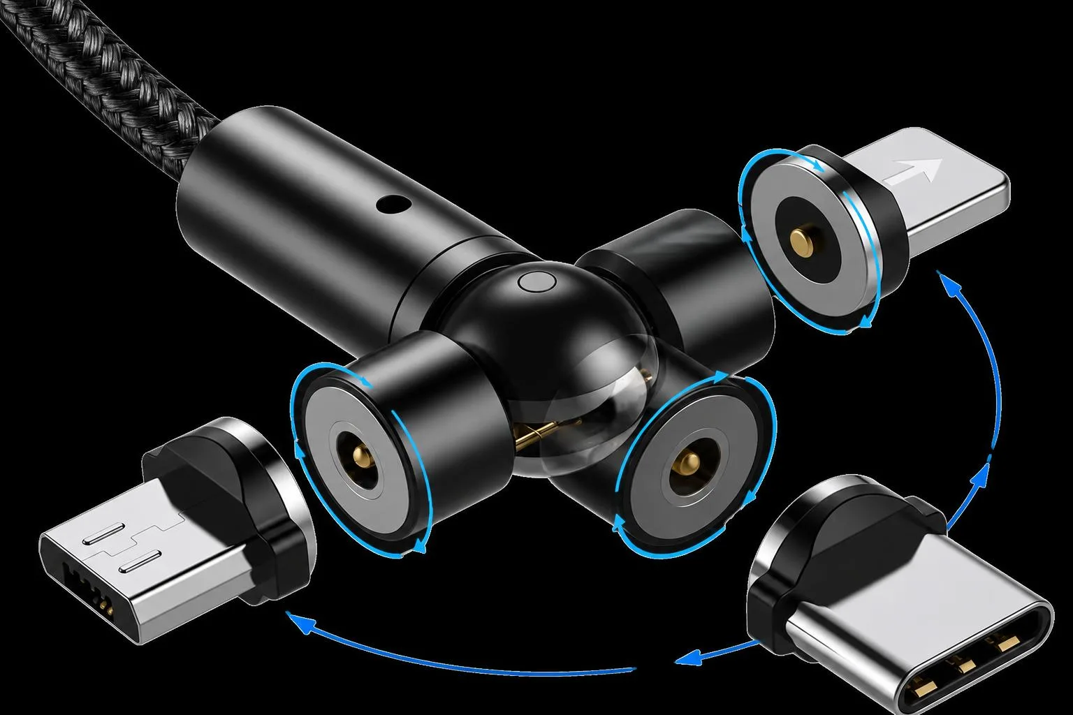 Exploded view of the magnetic swivel head connecting to Lightning, USB-C, and Micro-USB tips