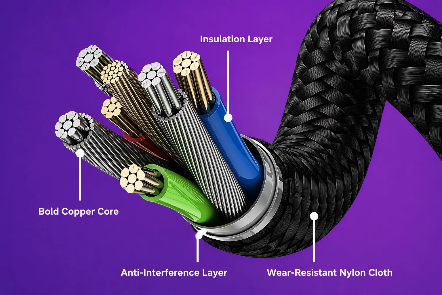 Cross-section of the Whippy Charge cable showing the copper core, insulation layer, anti-interference layer, and nylon braided sheath