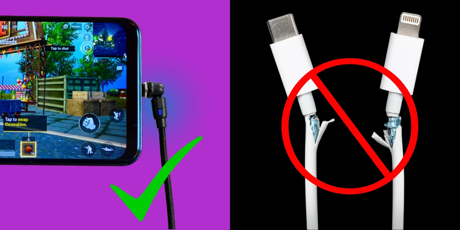 Side-by-side comparison: comfortable one-handed use on the left, two frayed standard cables crossed out on the right