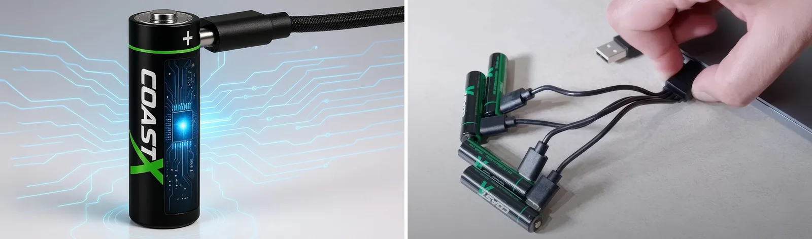 Close-up of USB-C charging and multiple batteries charging simultaneously